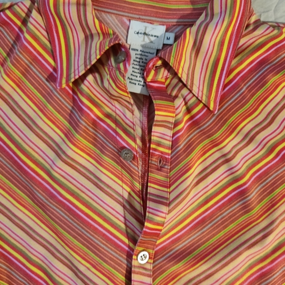 Vintage Calvin Klein top. Size M, deep pink, yellow and lime green stripe. - Picture 3 of 6